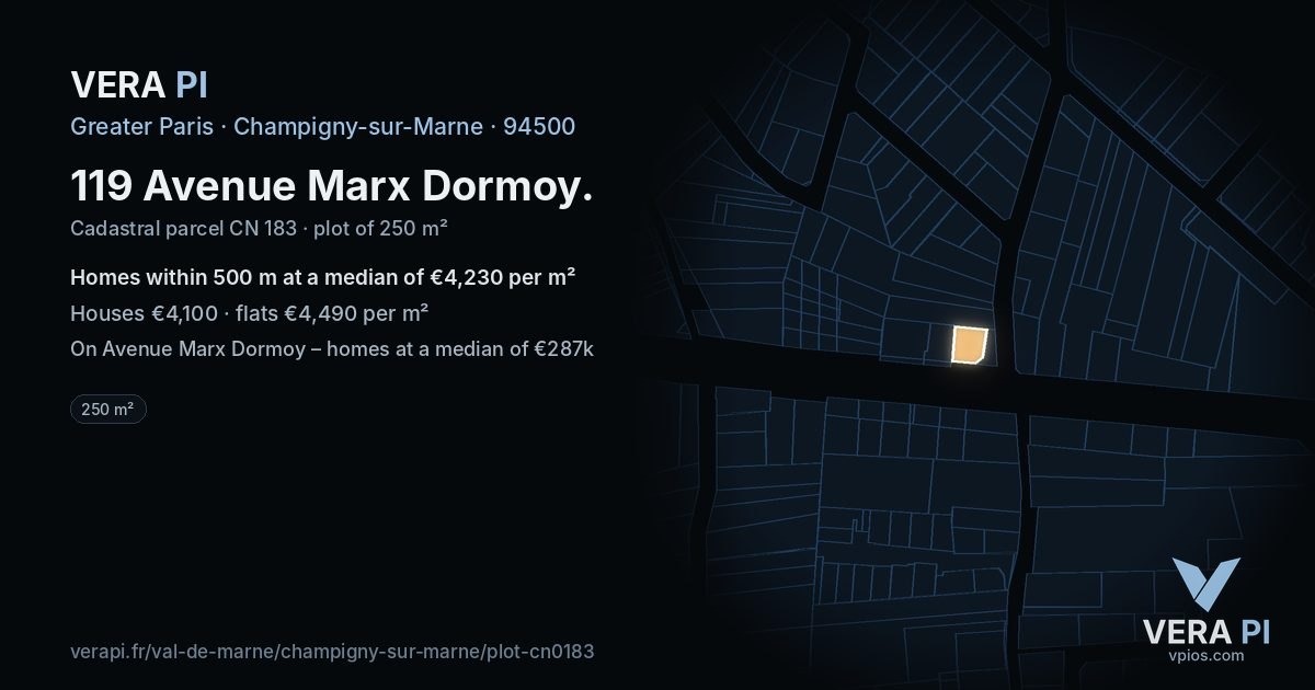 119 Avenue Marx Dormoy, Champigny-sur-Marne at night – the plot lit, the parcels around coloured by the prices near them