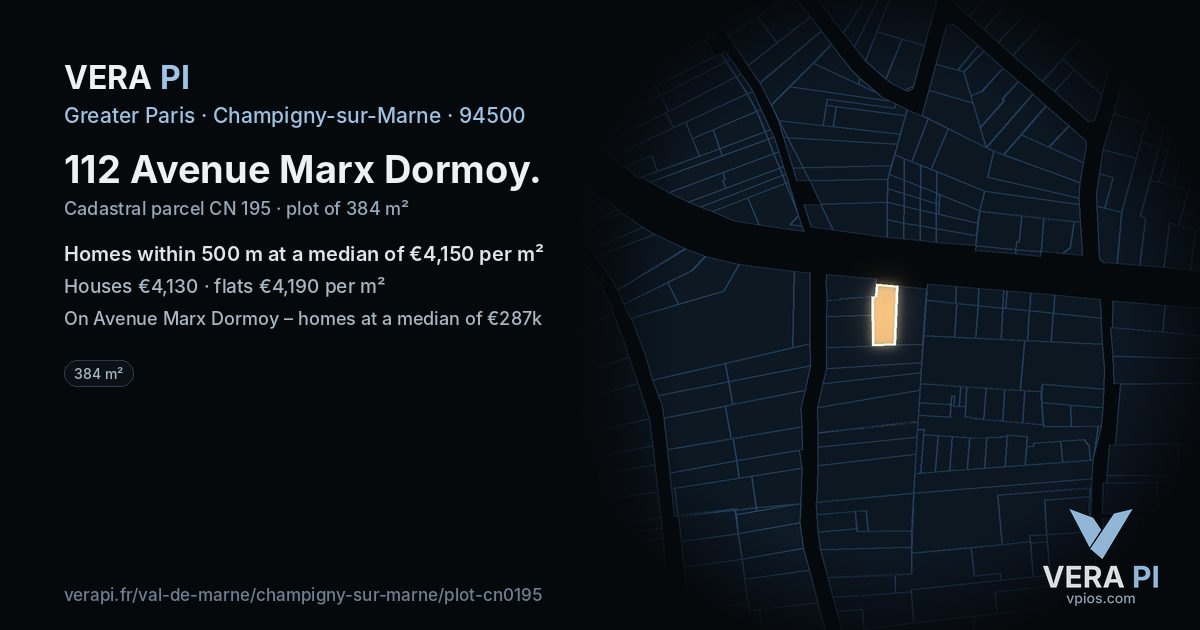 112 Avenue Marx Dormoy, Champigny-sur-Marne at night – the plot lit, the parcels around coloured by the prices near them