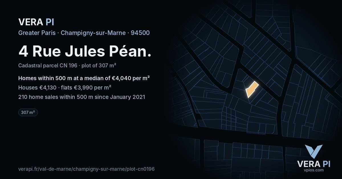 4 Rue Jules Péan, Champigny-sur-Marne at night – the plot lit, the parcels around coloured by the prices near them