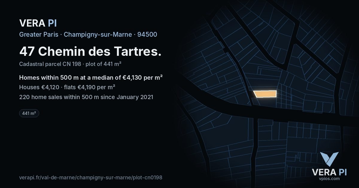 47 Chemin des Tartres, Champigny-sur-Marne at night – the plot lit, the parcels around coloured by the prices near them