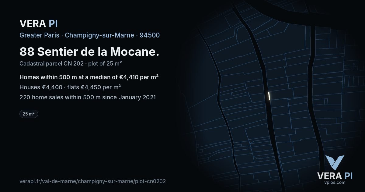 88 Sentier de la Mocane, Champigny-sur-Marne at night – the plot lit, the parcels around coloured by the prices near them