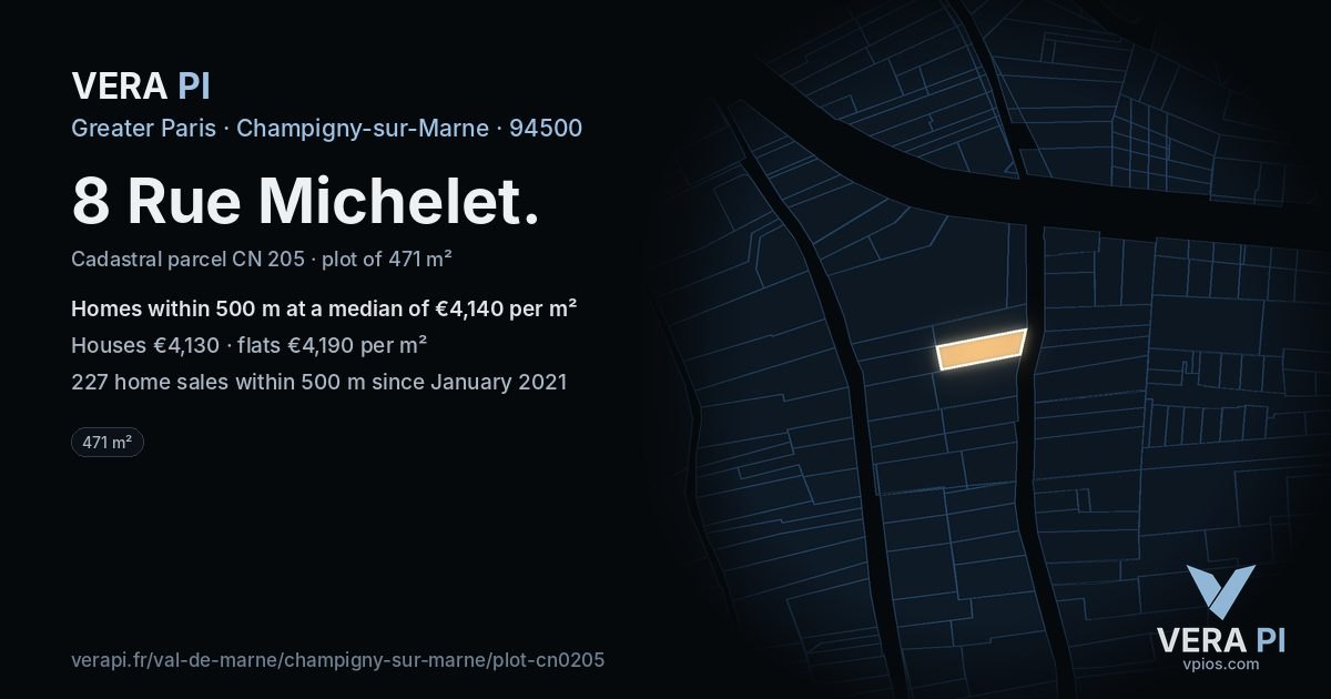 8 Rue Michelet, Champigny-sur-Marne at night – the plot lit, the parcels around coloured by the prices near them