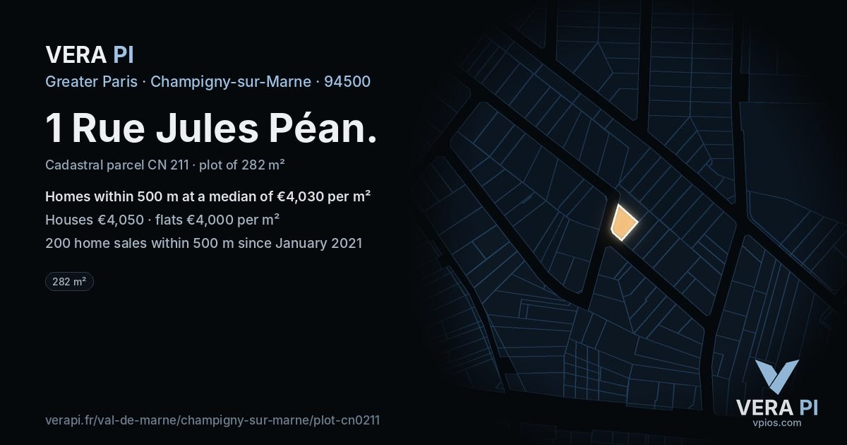 1 Rue Jules Péan, Champigny-sur-Marne at night – the plot lit, the parcels around coloured by the prices near them