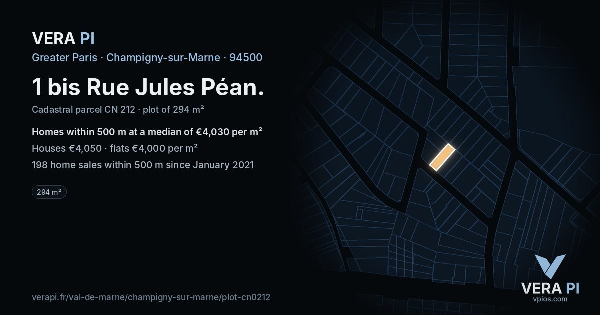 1 bis Rue Jules Péan, Champigny-sur-Marne at night – the plot lit, the parcels around coloured by the prices near them