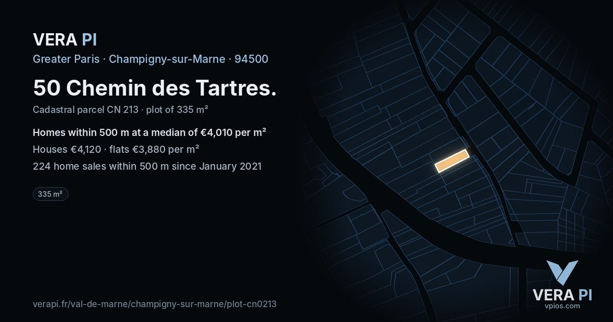50 Chemin des Tartres, Champigny-sur-Marne at night – the plot lit, the parcels around coloured by the prices near them