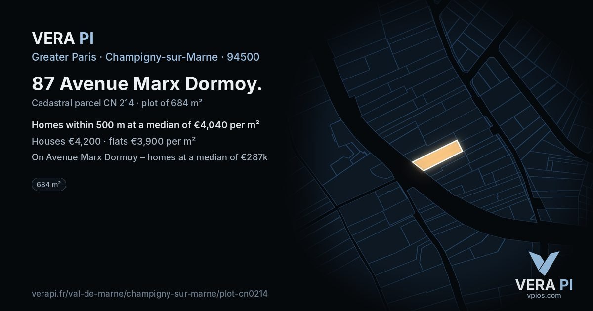 87 Avenue Marx Dormoy, Champigny-sur-Marne at night – the plot lit, the parcels around coloured by the prices near them