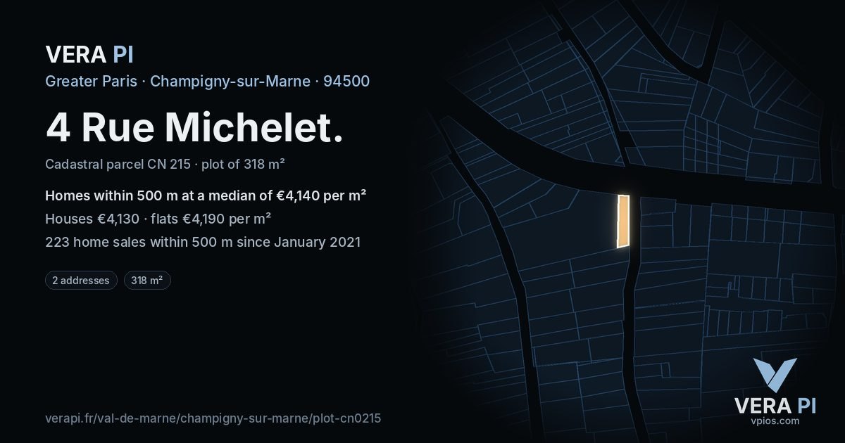 4 Rue Michelet, Champigny-sur-Marne at night – the plot lit, the parcels around coloured by the prices near them