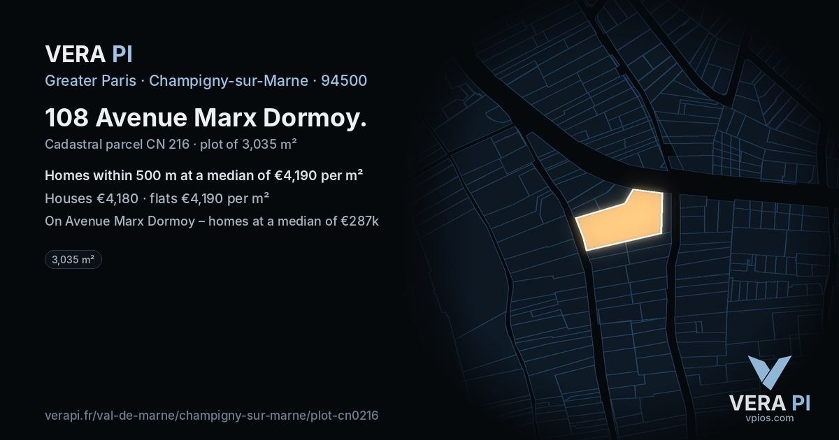 108 Avenue Marx Dormoy, Champigny-sur-Marne at night – the plot lit, the parcels around coloured by the prices near them