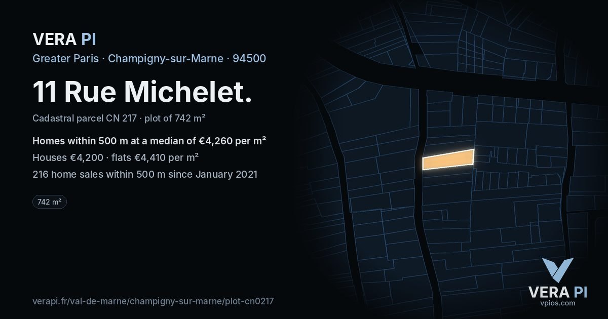 11 Rue Michelet, Champigny-sur-Marne at night – the plot lit, the parcels around coloured by the prices near them