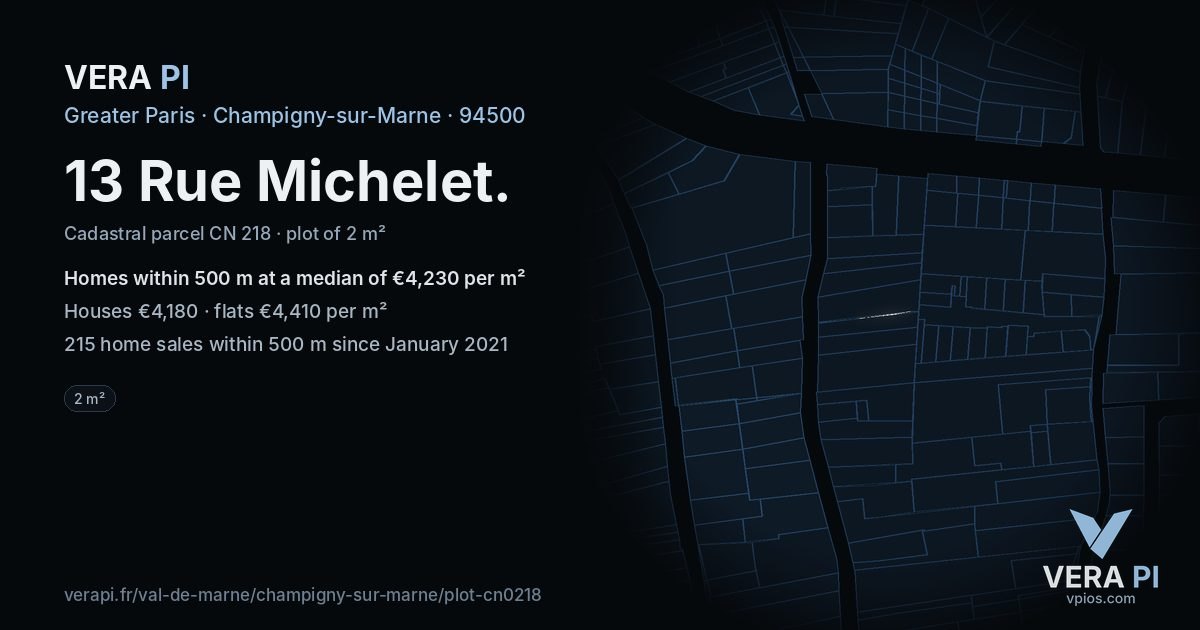 13 Rue Michelet, Champigny-sur-Marne at night – the plot lit, the parcels around coloured by the prices near them