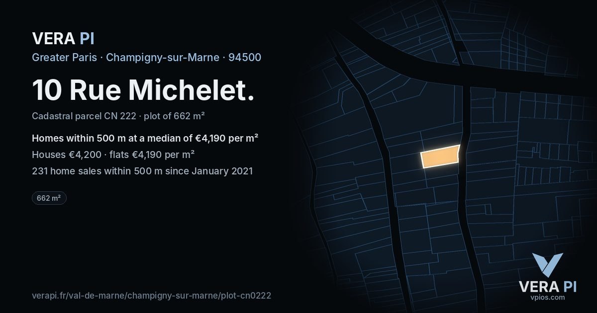10 Rue Michelet, Champigny-sur-Marne at night – the plot lit, the parcels around coloured by the prices near them