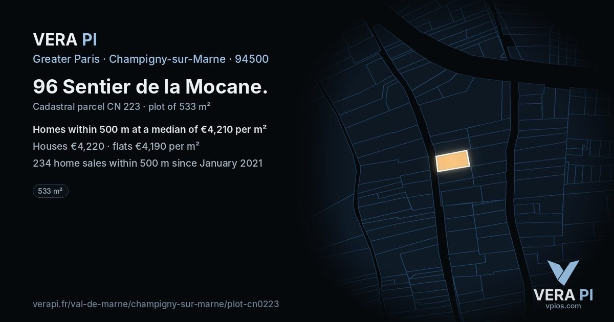 96 Sentier de la Mocane, Champigny-sur-Marne at night – the plot lit, the parcels around coloured by the prices near them