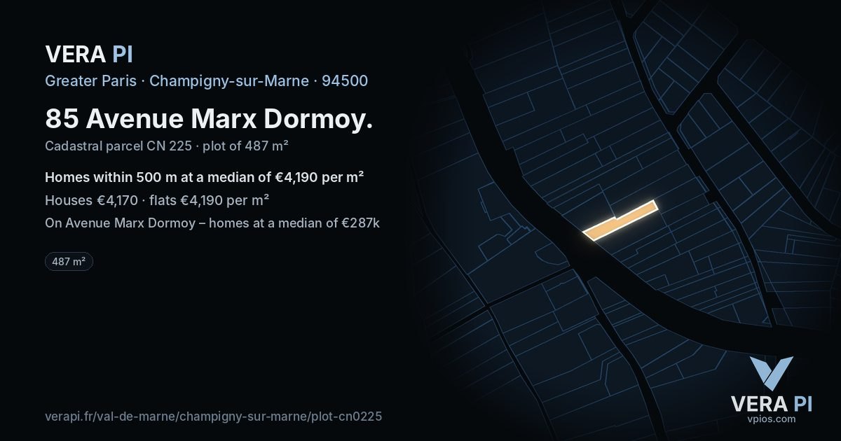 85 Avenue Marx Dormoy, Champigny-sur-Marne at night – the plot lit, the parcels around coloured by the prices near them