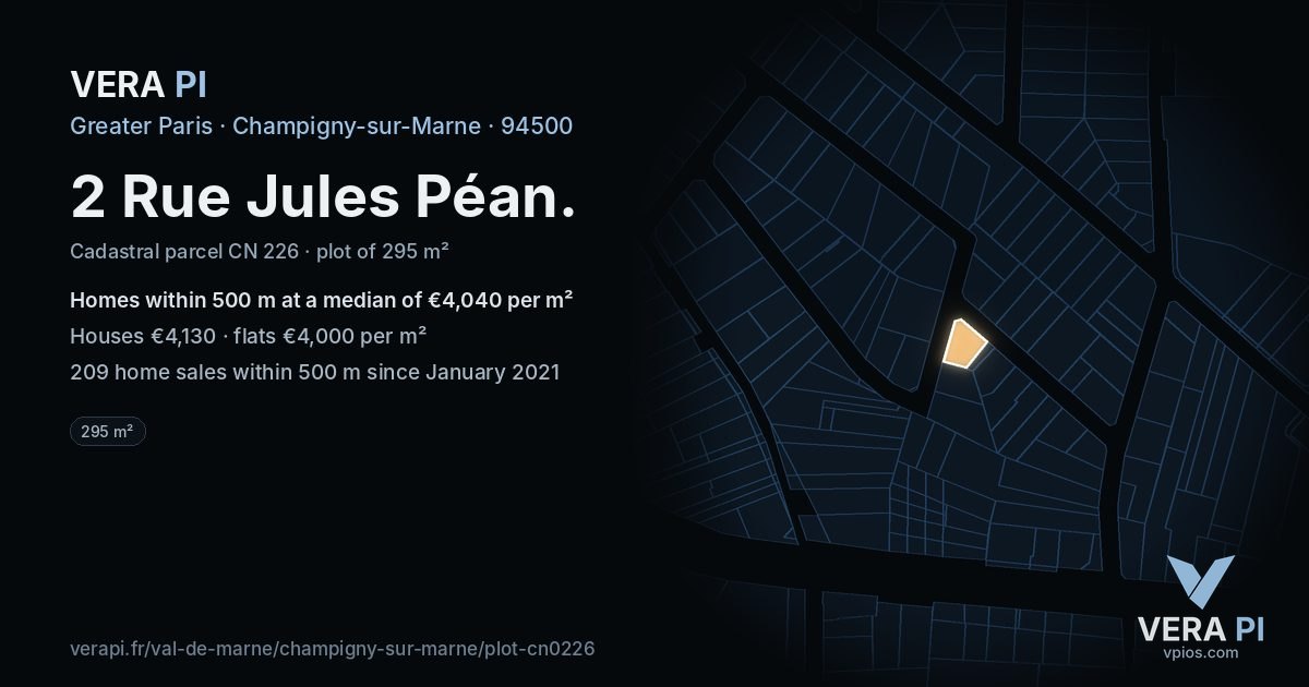 2 Rue Jules Péan, Champigny-sur-Marne at night – the plot lit, the parcels around coloured by the prices near them