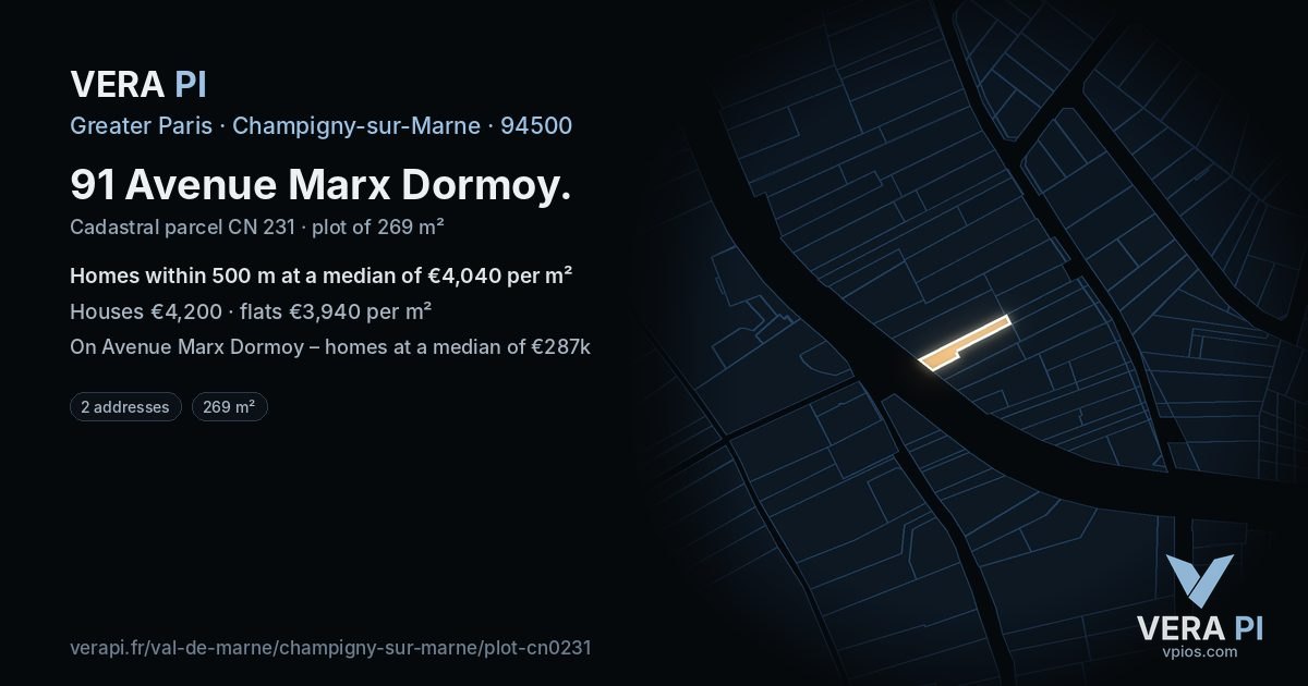 91 Avenue Marx Dormoy, Champigny-sur-Marne at night – the plot lit, the parcels around coloured by the prices near them