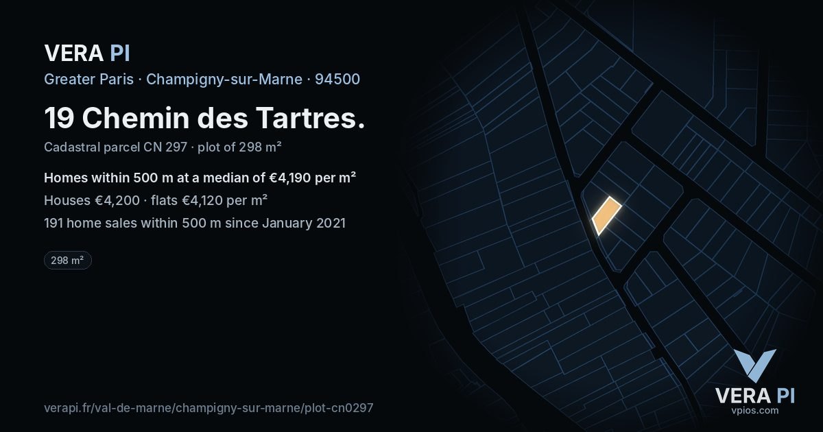 19 Chemin des Tartres, Champigny-sur-Marne at night – the plot lit, the parcels around coloured by the prices near them