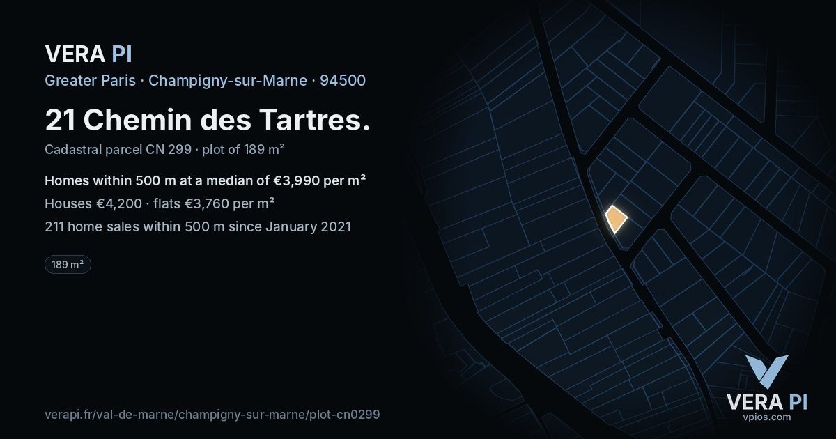 21 Chemin des Tartres, Champigny-sur-Marne at night – the plot lit, the parcels around coloured by the prices near them