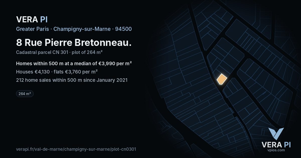 8 Rue Pierre Bretonneau, Champigny-sur-Marne at night – the plot lit, the parcels around coloured by the prices near them