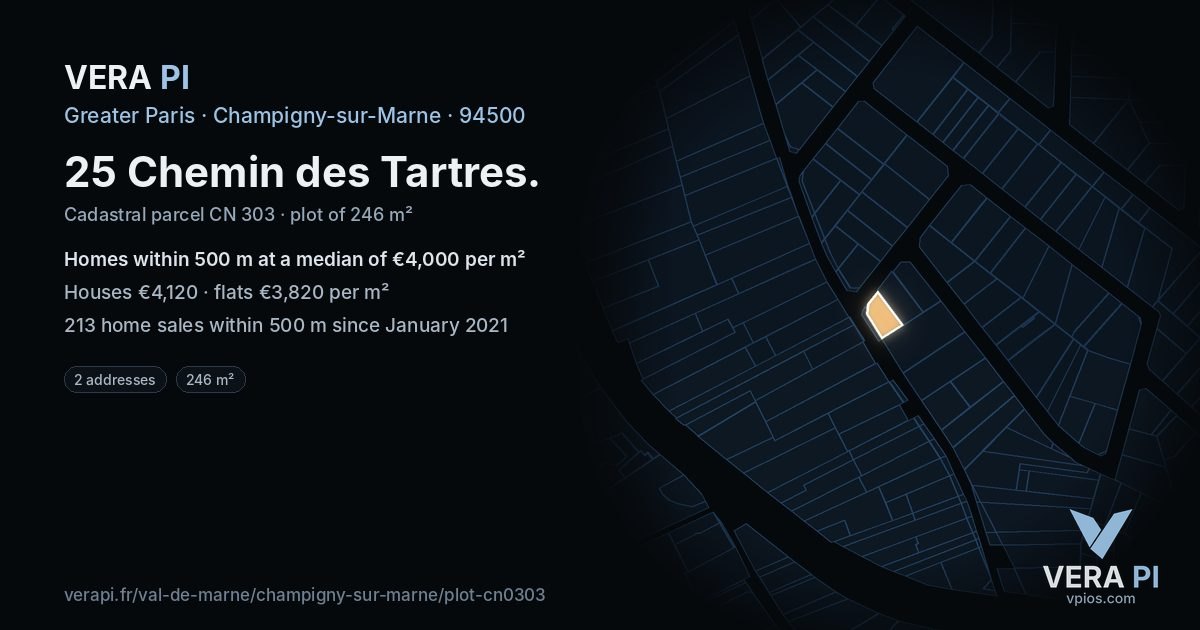 25 Chemin des Tartres, Champigny-sur-Marne at night – the plot lit, the parcels around coloured by the prices near them
