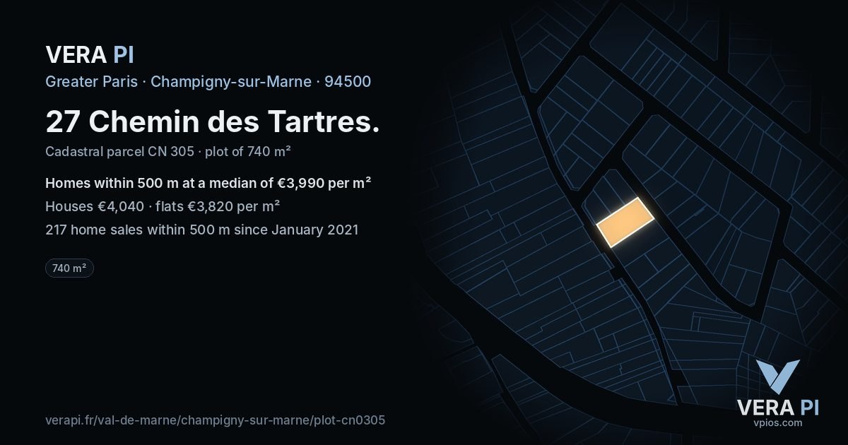 27 Chemin des Tartres, Champigny-sur-Marne at night – the plot lit, the parcels around coloured by the prices near them