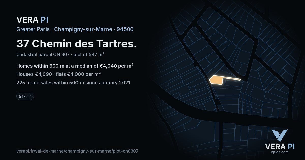 37 Chemin des Tartres, Champigny-sur-Marne at night – the plot lit, the parcels around coloured by the prices near them