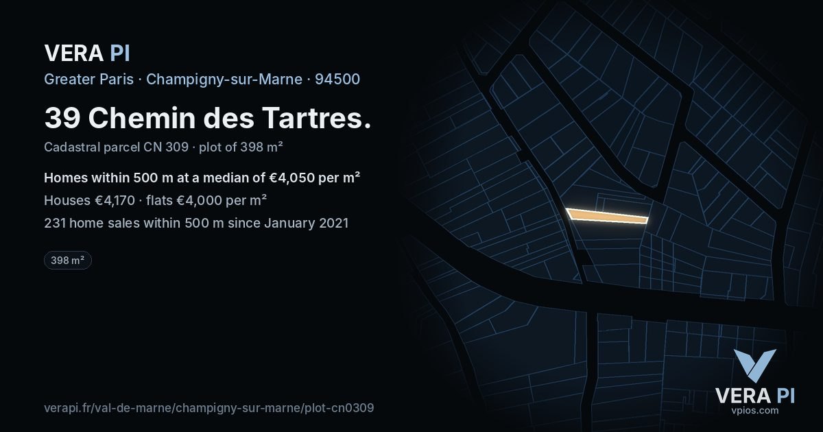 39 Chemin des Tartres, Champigny-sur-Marne at night – the plot lit, the parcels around coloured by the prices near them