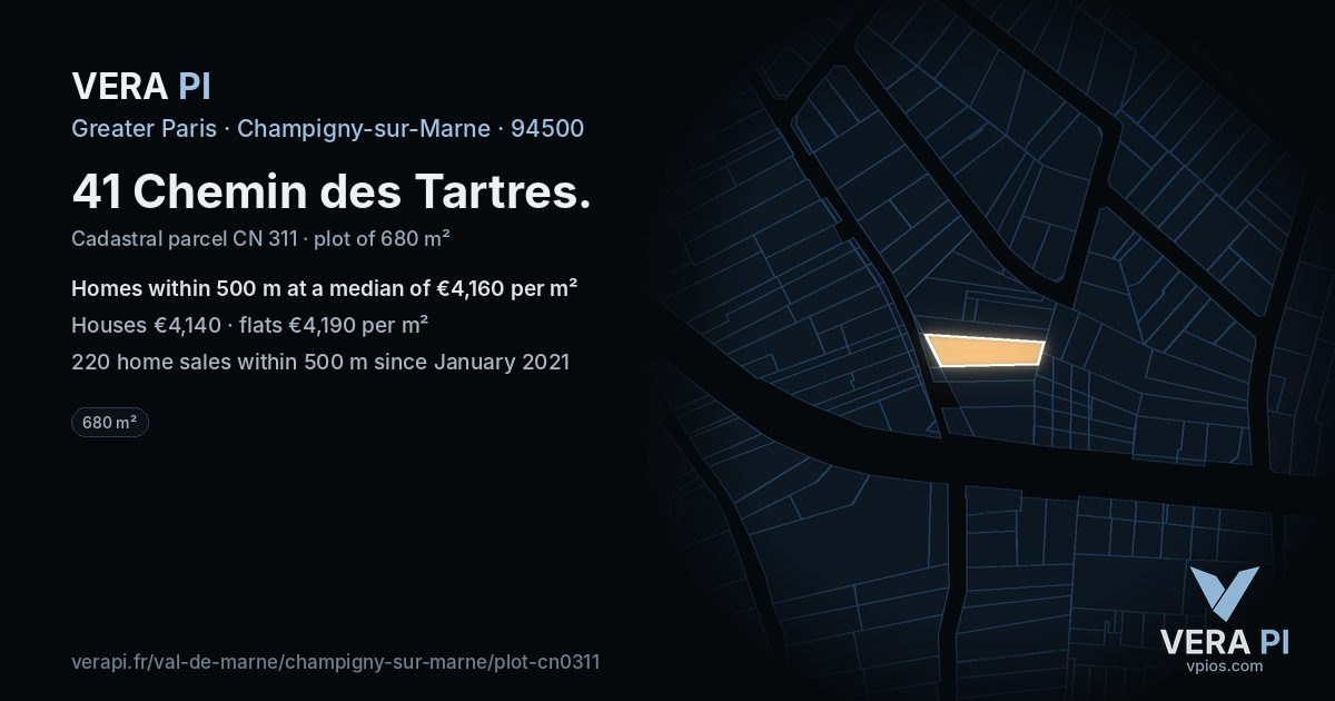 41 Chemin des Tartres, Champigny-sur-Marne at night – the plot lit, the parcels around coloured by the prices near them