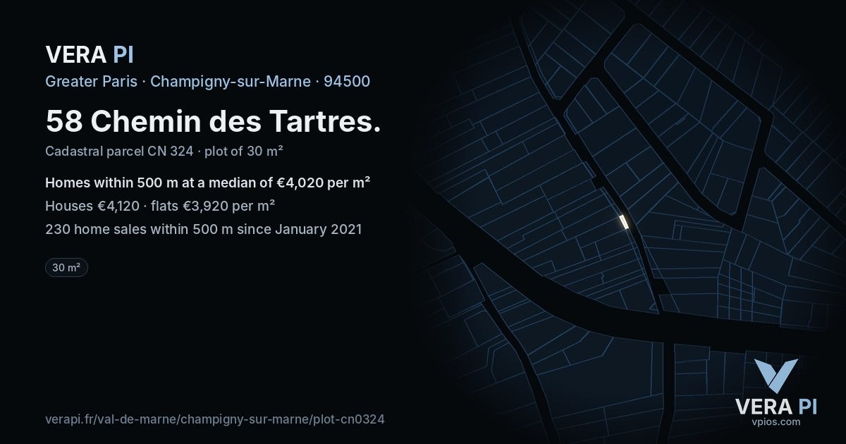 58 Chemin des Tartres, Champigny-sur-Marne at night – the plot lit, the parcels around coloured by the prices near them