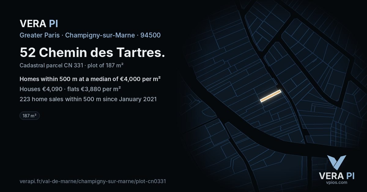 52 Chemin des Tartres, Champigny-sur-Marne at night – the plot lit, the parcels around coloured by the prices near them