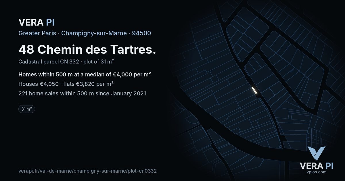 48 Chemin des Tartres, Champigny-sur-Marne at night – the plot lit, the parcels around coloured by the prices near them