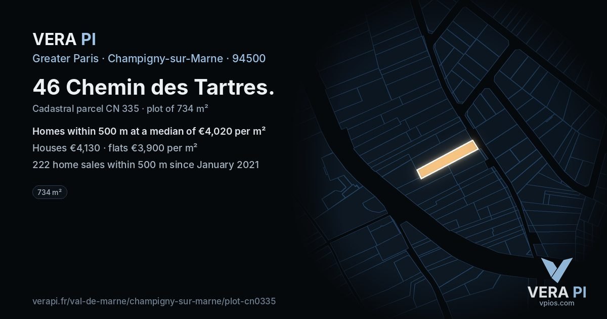 46 Chemin des Tartres, Champigny-sur-Marne at night – the plot lit, the parcels around coloured by the prices near them