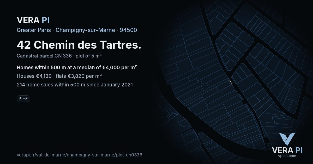 42 Chemin des Tartres, Champigny-sur-Marne at night – the plot lit, the parcels around coloured by the prices near them