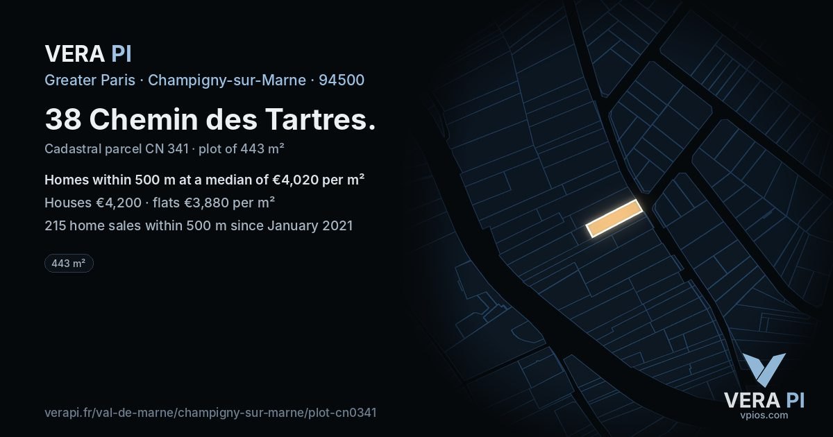 38 Chemin des Tartres, Champigny-sur-Marne at night – the plot lit, the parcels around coloured by the prices near them