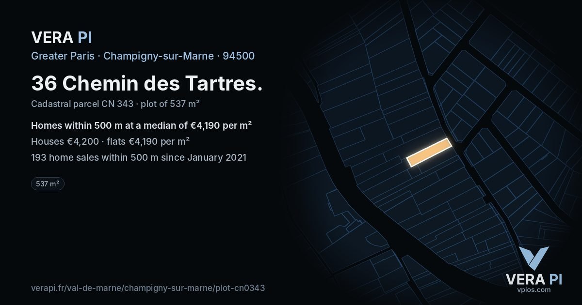 36 Chemin des Tartres, Champigny-sur-Marne at night – the plot lit, the parcels around coloured by the prices near them