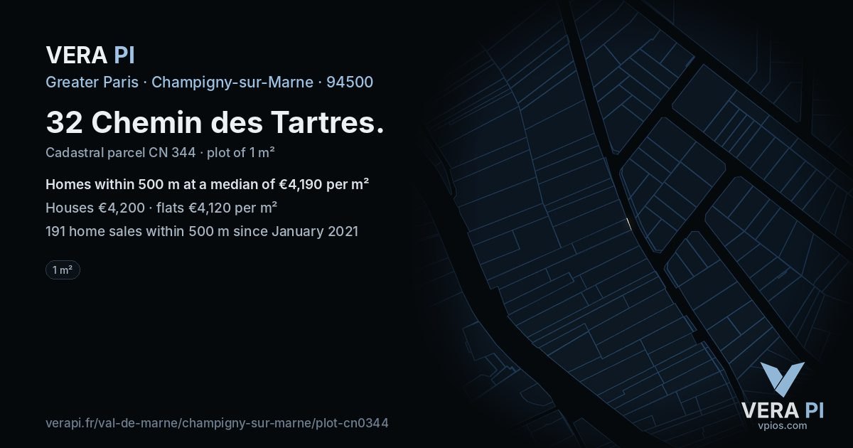 32 Chemin des Tartres, Champigny-sur-Marne at night – the plot lit, the parcels around coloured by the prices near them