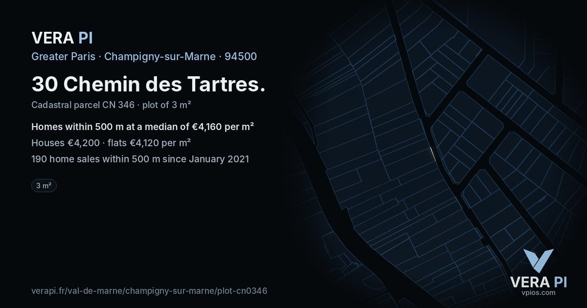 30 Chemin des Tartres, Champigny-sur-Marne at night – the plot lit, the parcels around coloured by the prices near them