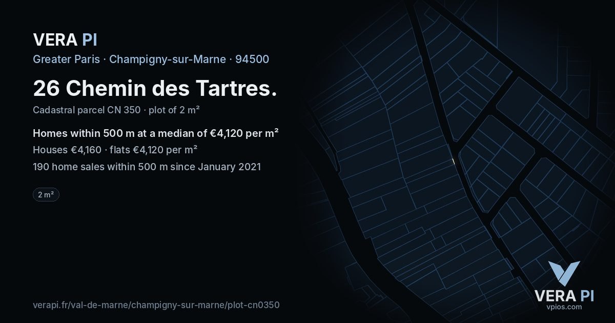 26 Chemin des Tartres, Champigny-sur-Marne at night – the plot lit, the parcels around coloured by the prices near them