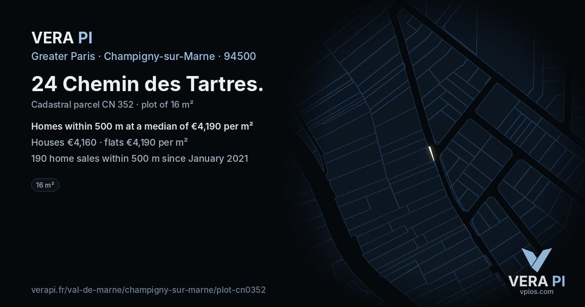 24 Chemin des Tartres, Champigny-sur-Marne at night – the plot lit, the parcels around coloured by the prices near them