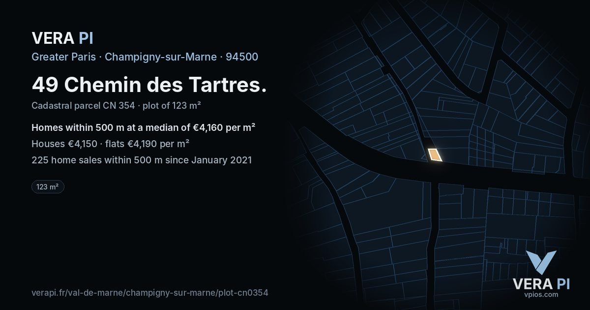 49 Chemin des Tartres, Champigny-sur-Marne at night – the plot lit, the parcels around coloured by the prices near them