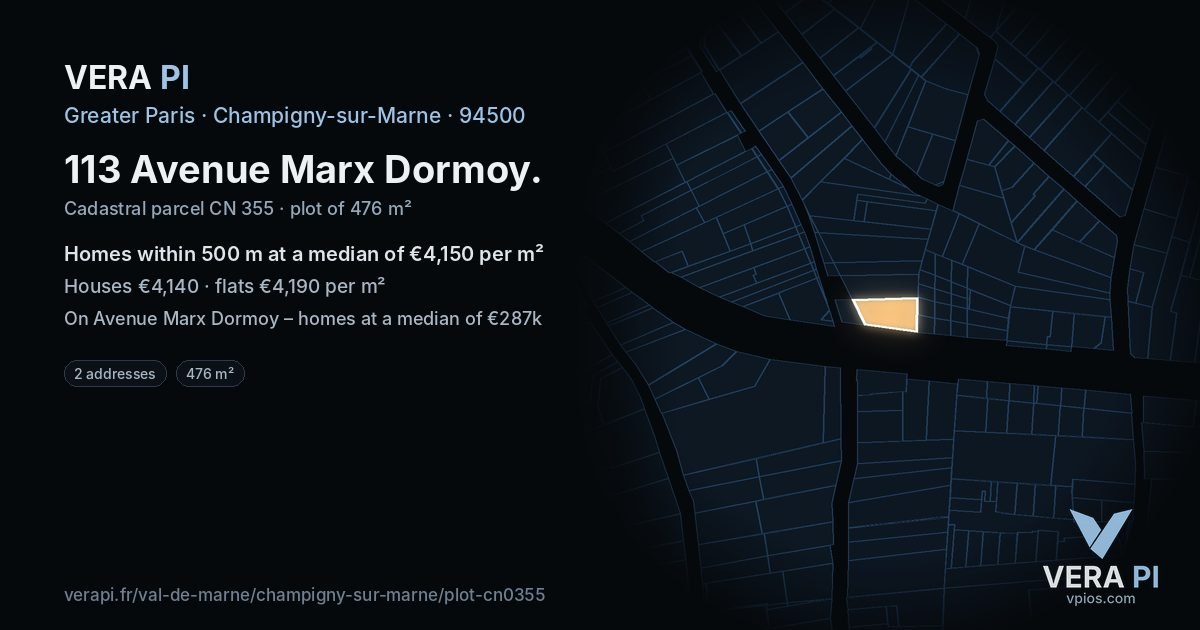 113 Avenue Marx Dormoy, Champigny-sur-Marne at night – the plot lit, the parcels around coloured by the prices near them