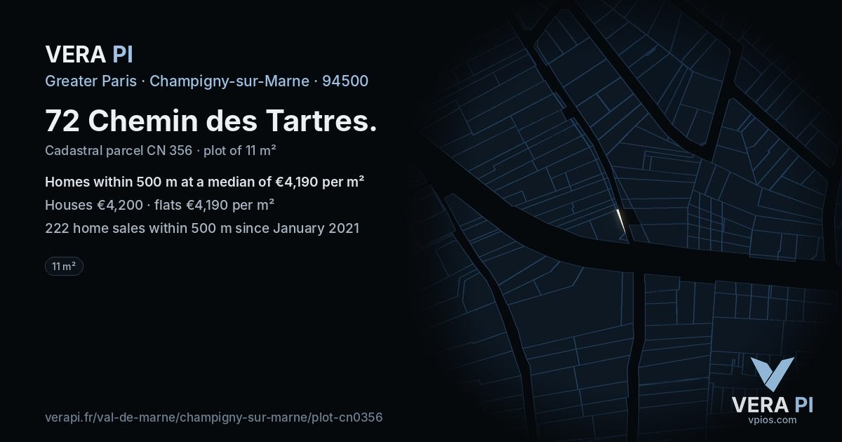 72 Chemin des Tartres, Champigny-sur-Marne at night – the plot lit, the parcels around coloured by the prices near them