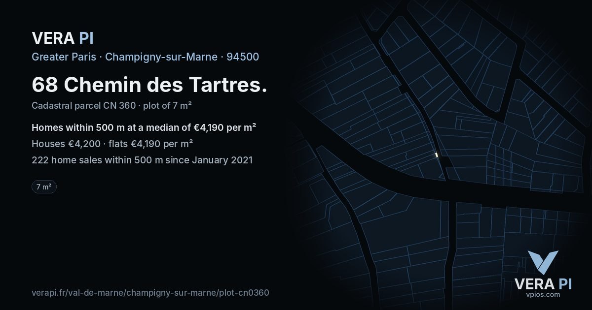 68 Chemin des Tartres, Champigny-sur-Marne at night – the plot lit, the parcels around coloured by the prices near them