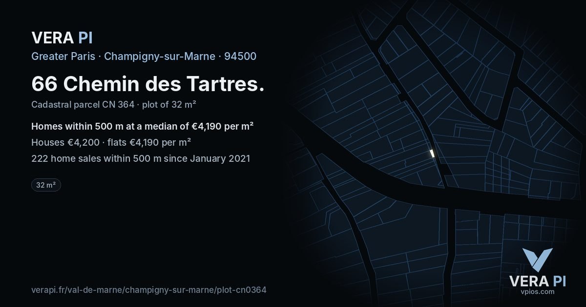 66 Chemin des Tartres, Champigny-sur-Marne at night – the plot lit, the parcels around coloured by the prices near them