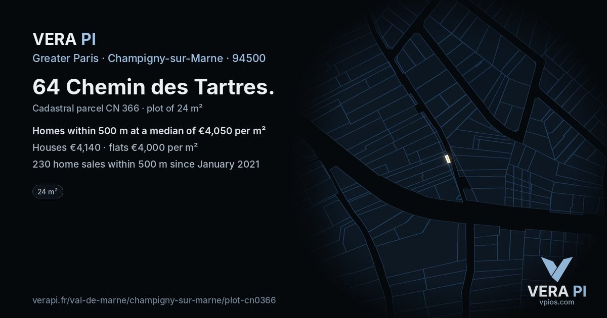 64 Chemin des Tartres, Champigny-sur-Marne at night – the plot lit, the parcels around coloured by the prices near them