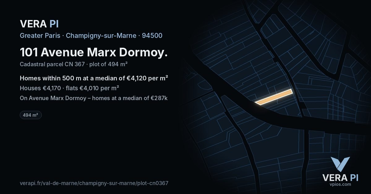 101 Avenue Marx Dormoy, Champigny-sur-Marne at night – the plot lit, the parcels around coloured by the prices near them
