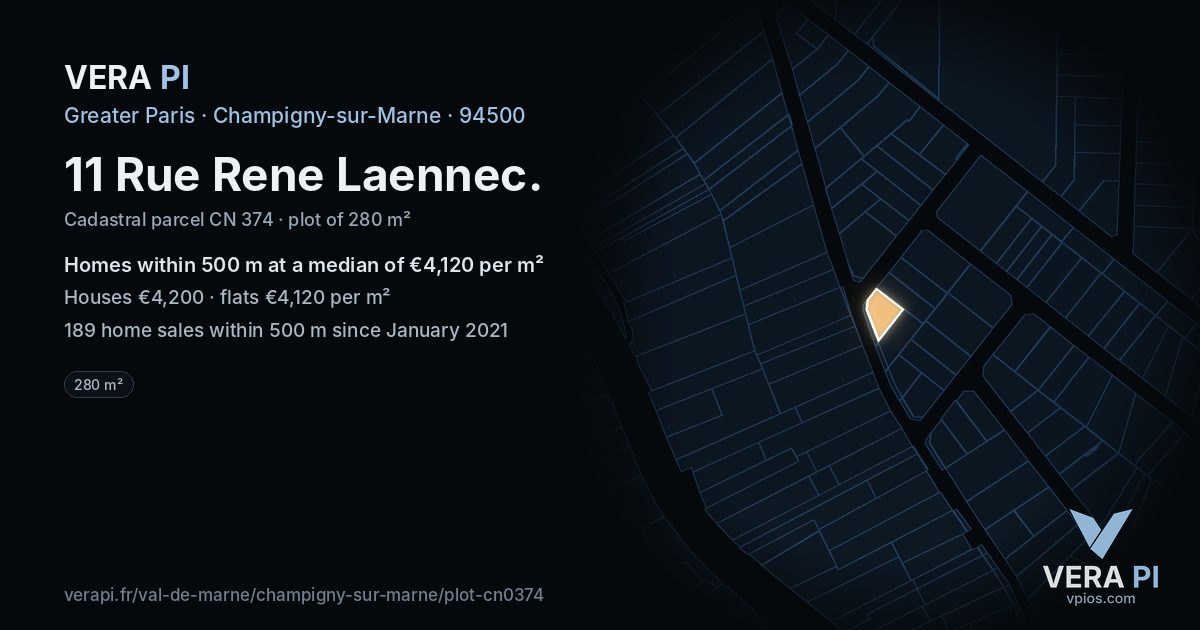 11 Rue Rene Laennec, Champigny-sur-Marne at night – the plot lit, the parcels around coloured by the prices near them
