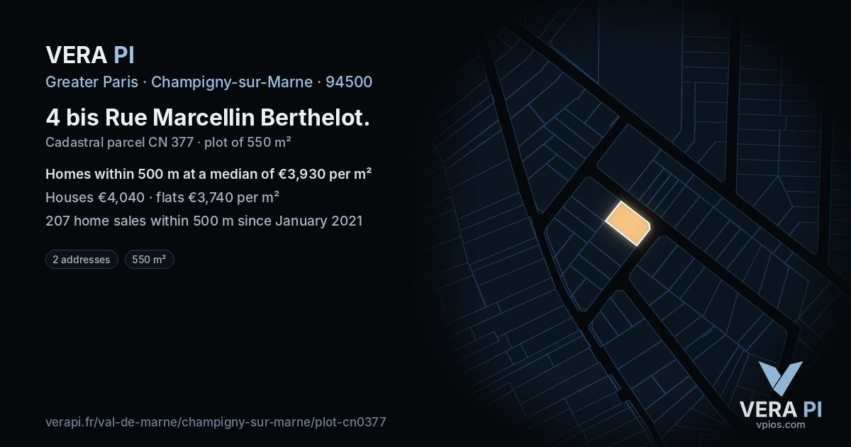 4 bis Rue Marcellin Berthelot, Champigny-sur-Marne at night – the plot lit, the parcels around coloured by the prices near them