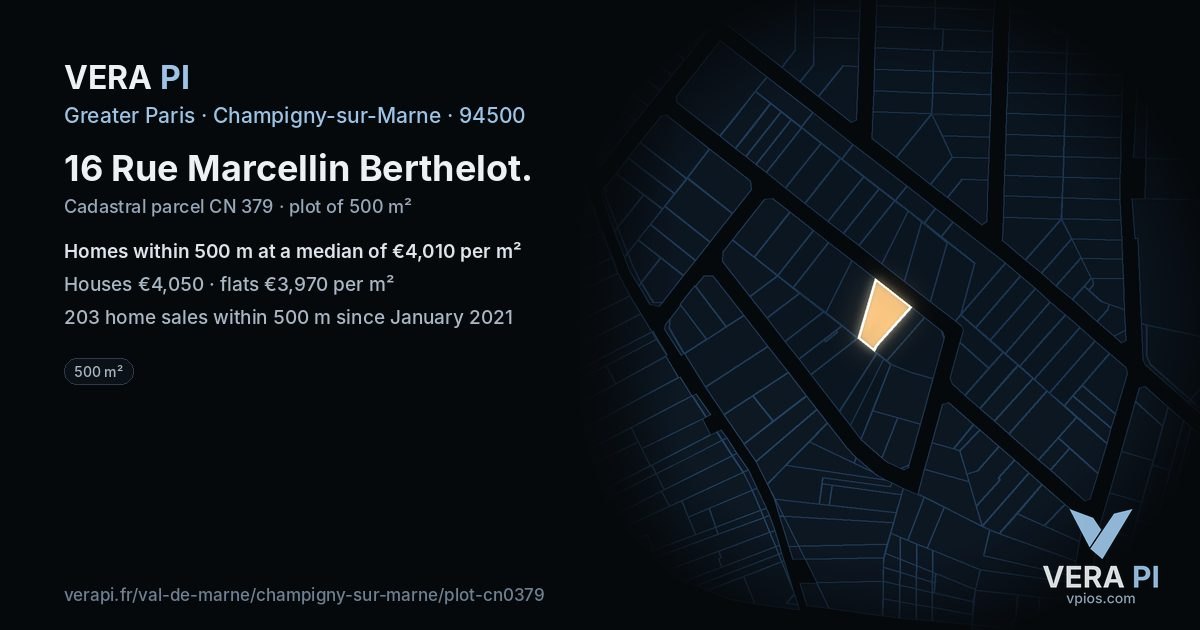 16 Rue Marcellin Berthelot, Champigny-sur-Marne at night – the plot lit, the parcels around coloured by the prices near them