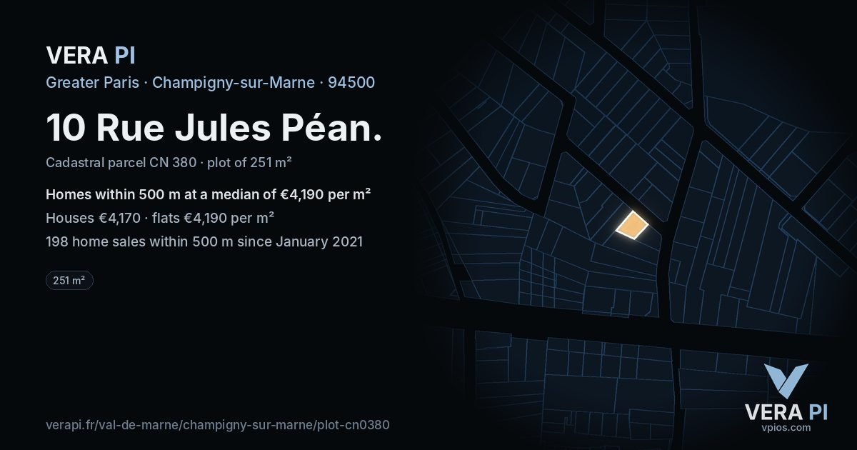 10 Rue Jules Péan, Champigny-sur-Marne at night – the plot lit, the parcels around coloured by the prices near them