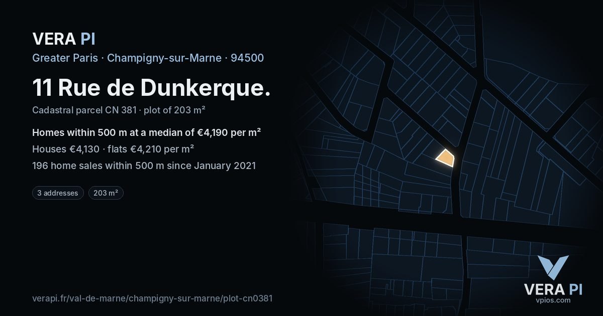 11 Rue de Dunkerque, Champigny-sur-Marne at night – the plot lit, the parcels around coloured by the prices near them